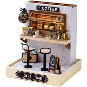 OZJAY DIY Miniature House Kit with Dust Proof Cover, 1:24 Scale Creative Room Mini DIY Wooden Dollhouse Miniature Kit for Adults Teen - Coffee Time