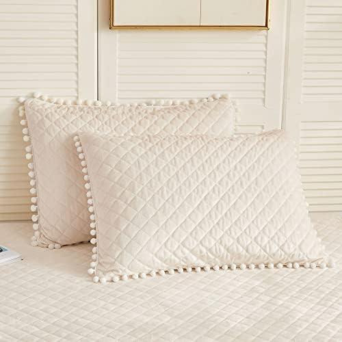 LIFEREVO 2 Pack Diamond Quilted Velvet Bed Pillowcases, Pom Poms Fringe Decorative Throw Pillow Shams Set of 2, Soft Bed Pillow Cases Zipper Closure for Teen's Girls Bedroom (Beige, Standard/Queen)