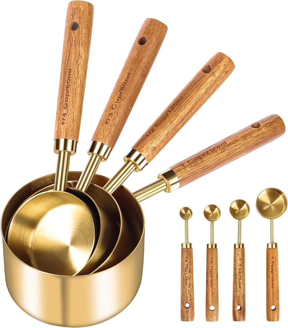 GuDoQi Gold Measuring Cups and Spoons Set of 7, Wood Handle with Metric and US Measurements, Premium Stainless Steel, Golden Polished Finish, Dry & Liquid Measuring Cup for Cooking and Baking