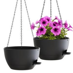 WOUSIWER Self Watering Hanging Planters, 2 Pack 12'' Plastic Pots with Drainage Holes & Reservoir Tray (Black) | Indoor & Outdoor Use for Ferns, Ivy, Herbs, Succulents