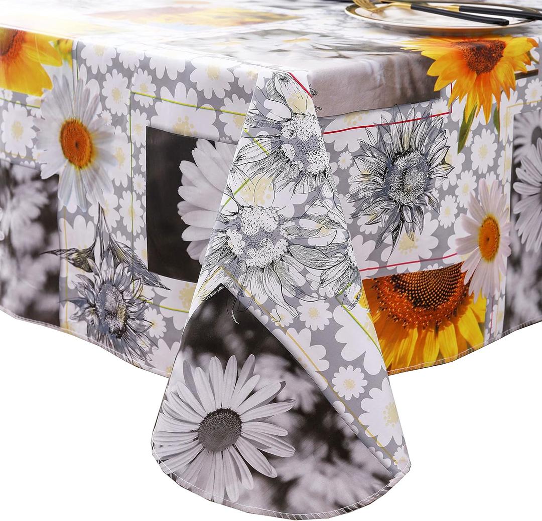 Heavy Duty Vinyl Tablecloth with Flannel Backing Waterproof Oil-Proof Plastic Table Cloth Stain-Resistant Wipeable Rectangle or Square Table Cover for Indoor and Outdoor (Sunflower, 60X84 Inch)
