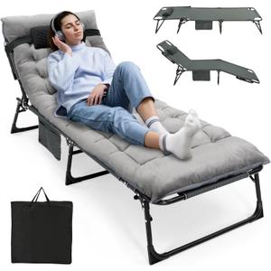 ropoda Camping Cot, Adjustable 4-Position Folding Cot with Cozy Mattress, Lawn Chair Camping Cots for Adults with Breathable Fabric Steel Frame, Lounge Chair for Camping, Spare Bed, Patio (Grey)