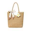 Straw Tote Bag for Women, Large Summer Beach Bag with Polka Dot Scarf & Plumeria Flower (brown)