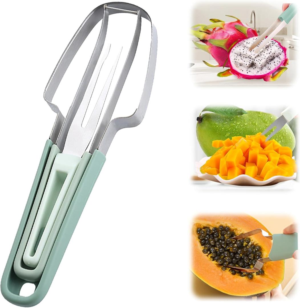 2 x Watermelon Cutter Slicer Tool, New Stainless Steel Watermelon Popsicle Fork Tool, 3-in-1 Multi Melon Slicer Fruit Cutting for Camping Kitchen Gadgets (Green)