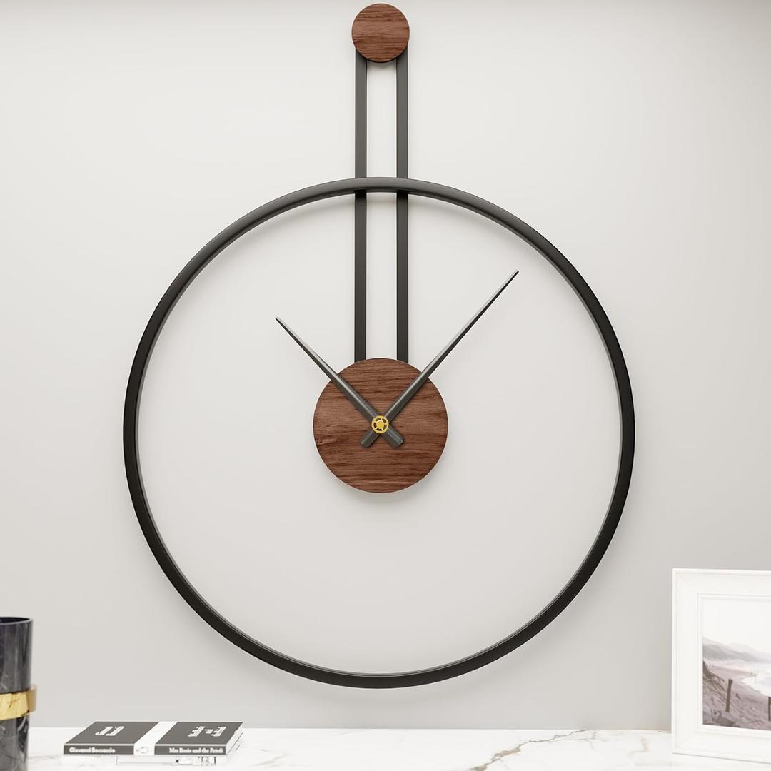 MuZi famlily 24.418 Inch Large Modern Metal Farmhouse Oversized Decorative Wall Clocks for Living Room,Big Minimalist Black Wall Clock with Elegant Natural Walnut Dial for Office,Dining Room