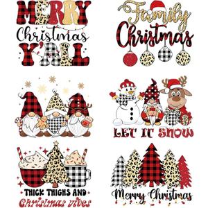 2 x 6PCS Iron On Transfers for T Shirts - Red Black Plaid Leopard Print Heat Transfer Vinyl Designs - Cartoon Snowman for T-Shirts Clothing Backpack DIY Decorations
