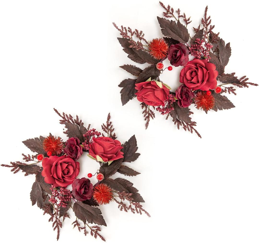WELL KNOWN 2 Pcs 9" Mini Burgundy Dark Red Rose Artificial Flower Candle Rings Wreaths for Pillars as Mother's Day Home Dining Table Hanging Decor, Floral Wreath for Birthday Wedding Party & Gift