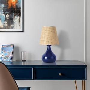Navy Blue Small Table Lamp, Mini Bedroom Lamps for Bedside Nightstand, Rattan Shade Small Table Lamps for Small Spaces for Kitchen Counter, Bookshelf, Home Office, Living Room, Dorm (On/Off Switch)