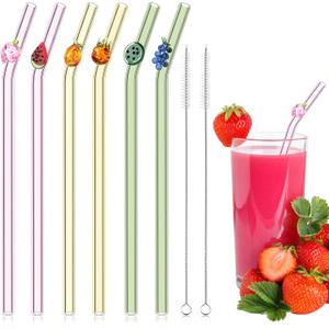 6 Pcs Glass Straws with Design Reusable Cute Fruit Drinking Straws 7.9in x 8mm Colorful Party Favors Decorations with 2 Cleaning Brushes for Summer Beach Birthday(Bent)