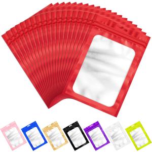 100 Pcs Resealable Mylar Bags with Frosted Clear Window Packaging Bags Foil Pouch Zipper Bag for Food Self Sealing Storage Supplies (5.51x7.87 inches, Red)