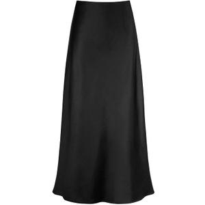 Outoshe Women's Satin High Waisted Maxi Skirts Hidden Elasticized Waistband A Line Long Skirt (Black, XL)