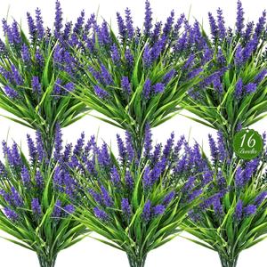 16 Bundles Artificial Plants Outdoor, UV Resistant Fake Lavender & Monkey Grass, Realistic Plastic Faux Plants for Balcony, Patio, Porch Greenery Decor, Planter Filler (Purple)