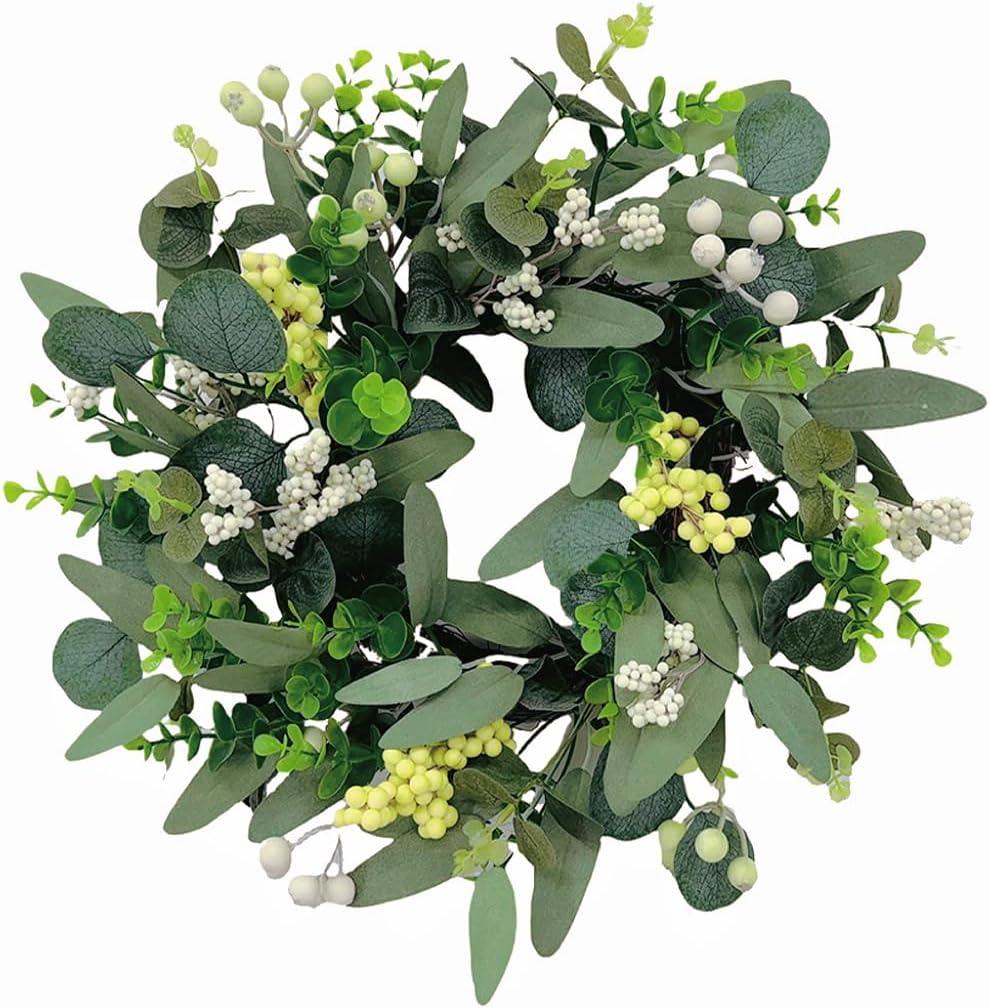 Green Eucalyptus Wreath, 18 Inch Artificial Spring Wreath with Berries for All Seasons Farmhouse Indoor Outdoor Wall Window Front Door Party Decor