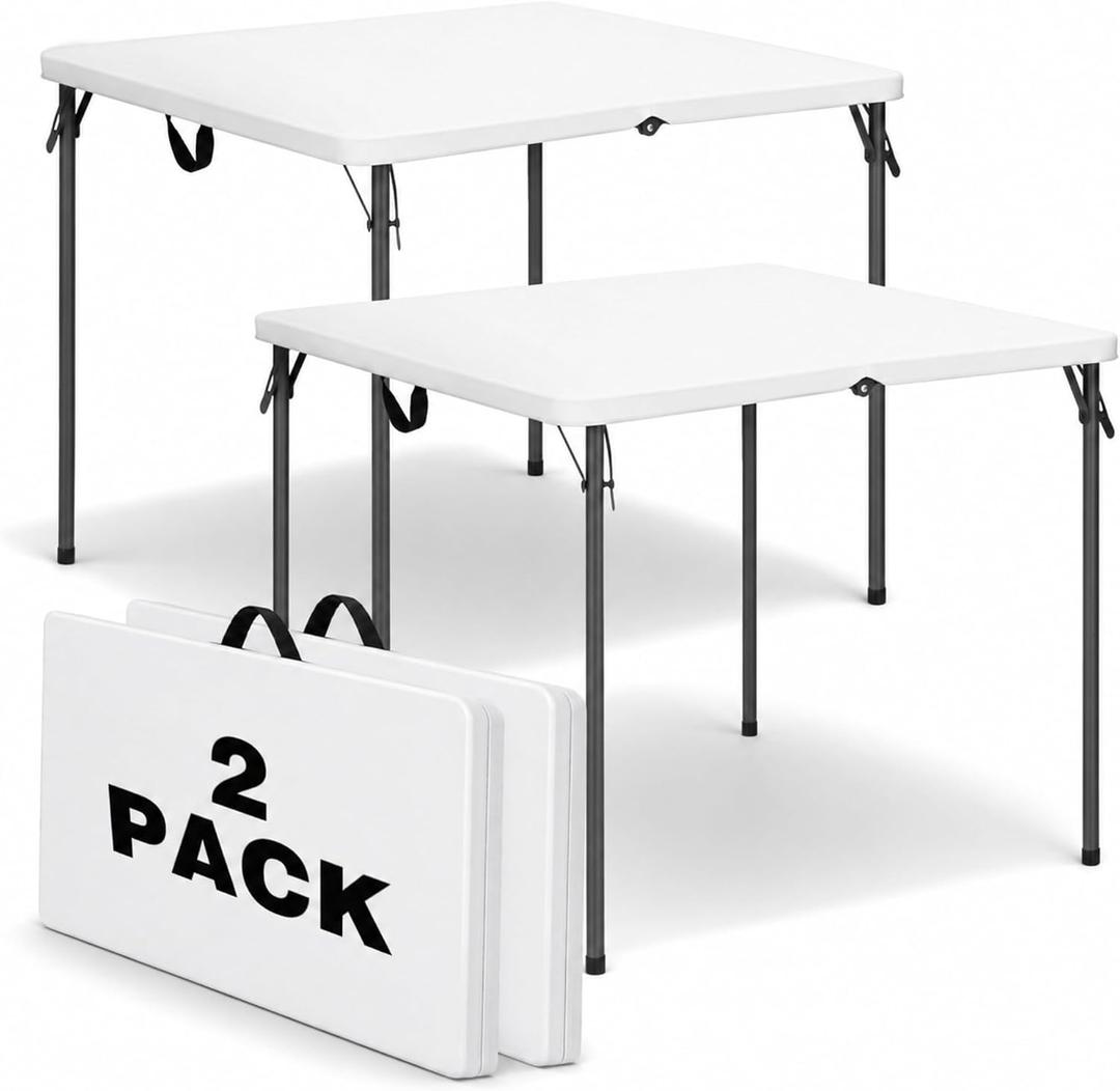 34" Square Folding Table for 4 Person, 330lbs Weight Capacity Foldable Table with HDPE Tabletop & Heavy-Duty Steel Legs, Large Portable Picnic Table for Indoor Outdoor Parties, Camping, White, 2 Pack