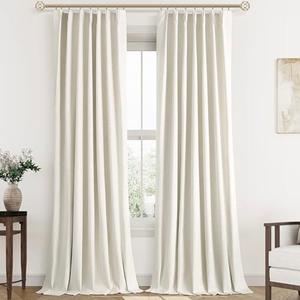 Natural Pinch Pleated Linen Blackout Curtains 90 Inch Length 2 Panels for Bedroom Living Room Darkening Drapes Thermal Insulated Cream Boho Style Back Tab Pinch Pleat Lined Window Curtain 90 Inches