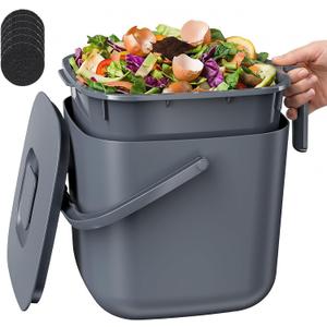 5.4L Kitchen Food Waste Bin with Lid & Handles, Indoor Compost Bucket Includes Inner Bucket Liner and Carbon Filter, Gray