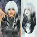 7JHH WIGS 25" Long Straight Layered Wig with Bangs Heat Resistant Black White Ombre Wig Make Natural Looking Wigs for Women Party Cospaly Curella Wig and Daily Used (Black and White Ombre Curella Cosplay wig)