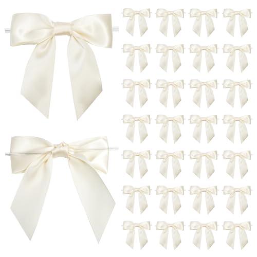 LIZLOVESS Ivory Satin Ribbon Twist Tie Bows 5 Inch Pre-Tied Ivory Gift Bows for Crafts, Treat Bags, Party Favors, Wedding, Baby Shower, Candy Apple, Christmas Tree (36 Pack)