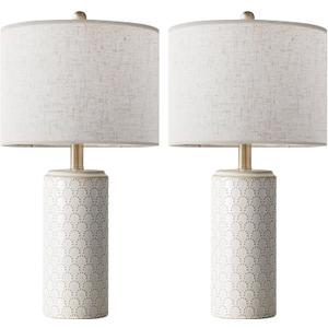 Ceramic Table Lamp Set of 2, 23 Inch Modern Farmhouse Dimmable Bedside Lamps with Linen Shade for Bedroom, White Nightstand Lamp for Living Room End Table, LED Bulb Included