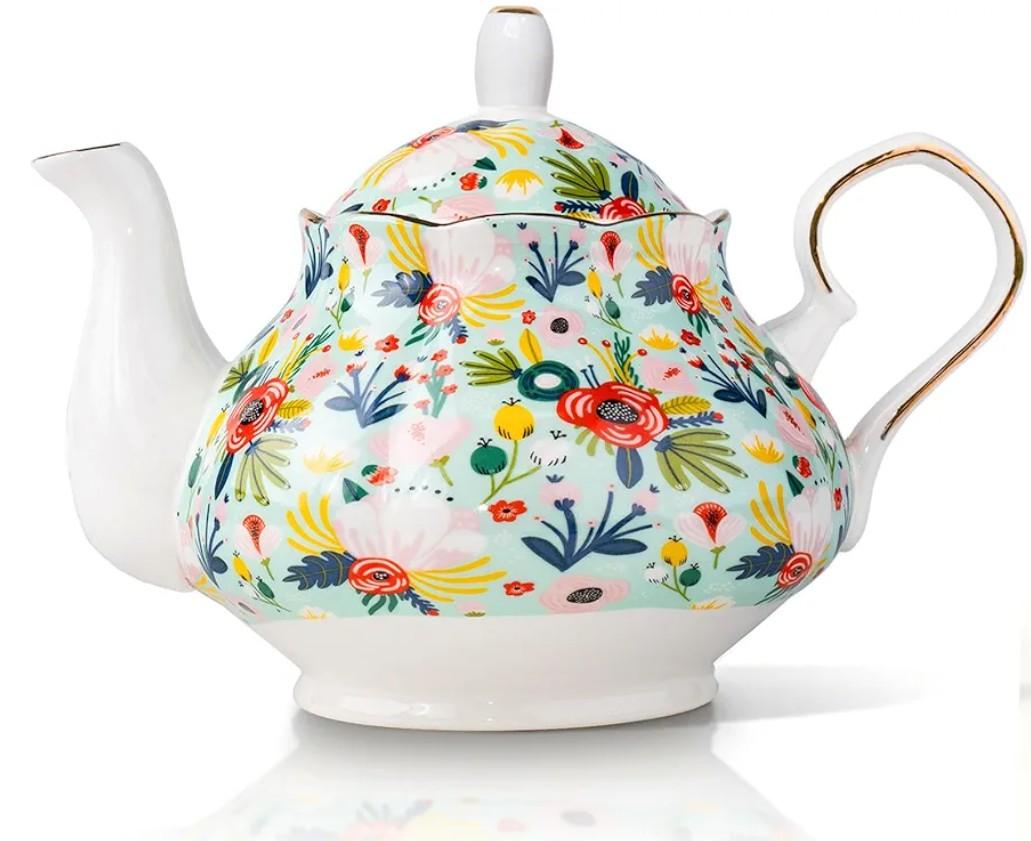 33.8 oz Large Porcelain Tea Pot Shiny Gold Garden Floral Ceramic Teapot Waterpot Tea Maker for Blooming Loose Leaf Tea Coffee Milk Chrismas Women Gift Housewarming Home Kitchen Décor Mint Green