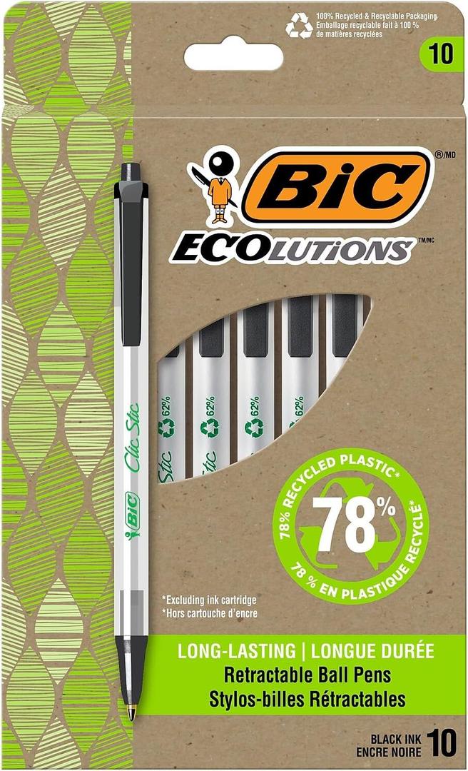 BIC Ecolutions Clic Stic Retractable Ballpoint Pens, Medium Point, Black Ink, 10/Pack (CSEM10-BLK)