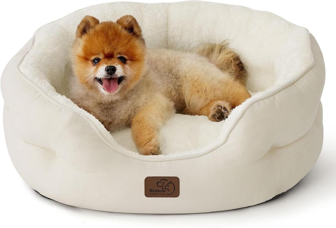 Bedsure Dog Beds for Small Dogs - Round Cat Beds for Indoor Cats, Washable Pet Bed for Puppy and Kitten with Slip-Resistant Bottom, 25 Inches, White (Angelic Ivory)
