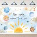 Avezano First Trip Backdrop Outer Space Watercolor Planets 1st Birthday Party Decorations First Trip Around The Sun Birthday Party Photoshoot Background Banner for Boys (7x5ft)