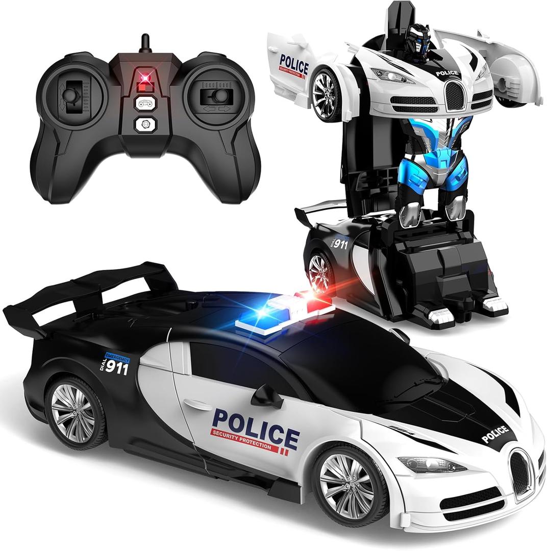 SnowRap Remote Control Transforming Car, One-Click Becoming Robot Remote Control Car for Boys, Demo Mode, 360° Rotation, Easy to Use, 2.4GHZ, with LED Lights, RC Cars for Christmas Day, Kids, White
