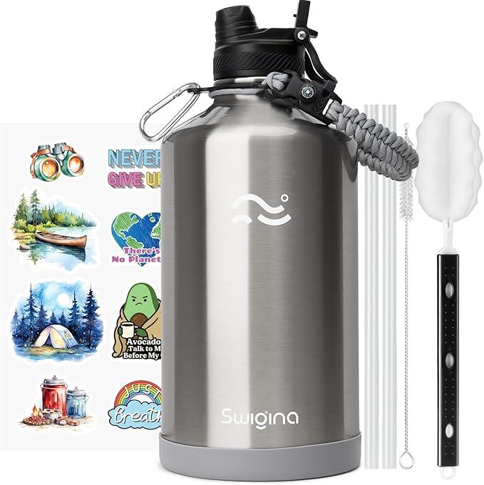Swigina [2IN1 LID] Gallon Insulated Water Bottle with Silicone Boot (48hrs Cold/24hrs Hot)  DIY Stickers, Leakproof, BPA Free, 128 oz