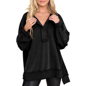 AlvaQ Sweatshirt for Women Oversized Casual Long Sleeve Button Henley Neck Pullover Tunic Tops Fall Fashion Outfits (Black)