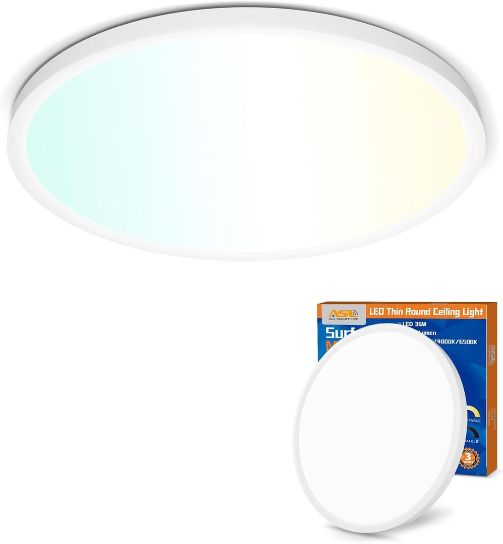 Allsmartlife LED Flush Mount Ceiling Light Fixture 1-Pack, 18 inch 36W 4650lm Flat Ceiling Light, 3000K/4000K/6500K, Round Ceiling Light Fixture for Bedroom, Living Room, Kitchen (White)