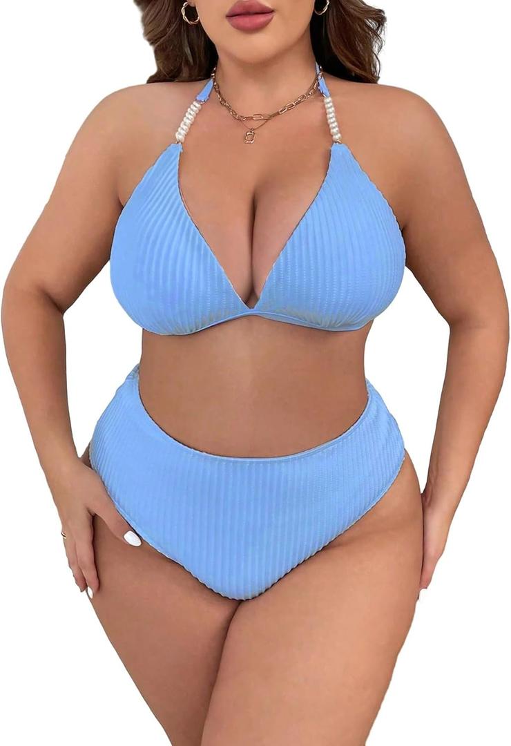 MakeMeChic Women's Plus Size 2 Piece Bathing Suit Halter Triangle Bikini Set High Waist Swimsuit (X-Large Plus, Dusty Blue)