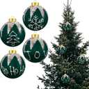Sosation 4 Pack Dark Green Christmas Ornaments 3.14" Glitter Green Velvet Ball Ornaments Shiny Joy, Hohoho, Snowflake Flocked Shatterproof Hanging Ball Decorations for Xmas Tree Holiday Party