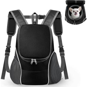 WOYYHO Pet Dog Carrier Backpack with Top and Side Windows, Small Dog Front Backpack Ventilated Dog Back Pack with Safety Belt for Travel Hiking Outdoor Adventures (Size M: 5-9 lbs, Black 2.0)