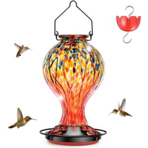 Hummingbird Feeders for Outdoors Blown Glass Hanging Hummingbird Feeder with Ant Moat, 28 Ounces Large Capacity, Leakproof Wide Mouth, Decorative Bird Feeder for Garden, Yard, Patio, or Window
