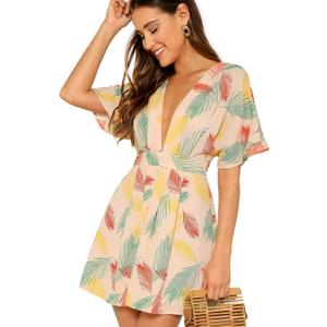 Floerns Women's Tropical Floral Plunging V Neck Tie Open Back Summer Short Dress (Multicolor) S