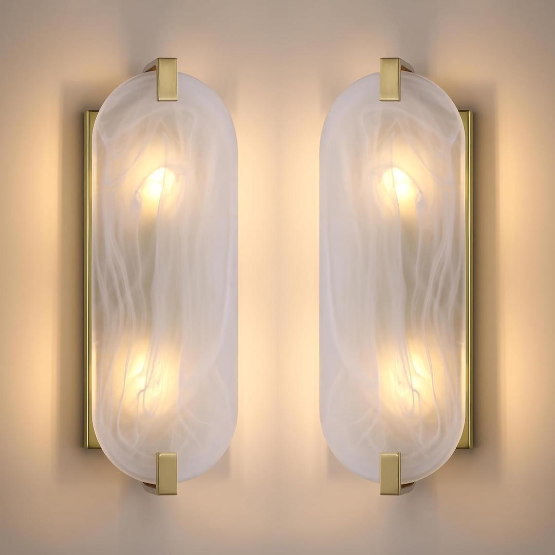 RAINLIGHTING 2 Pack 2 Light Oval Blue Glass Bathroom Wall Sconce Modern Concise Style Wall Light Fixture,Black Finish for Bedroom Hallway Bedside