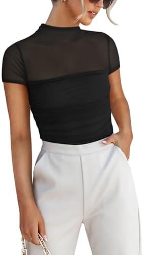 REORIA Women's Sexy Mock Turtle Neck Short Sleeve Shirts Sheer Mesh Ruched Trendy Going Out Bodysuits Tops, Size L
