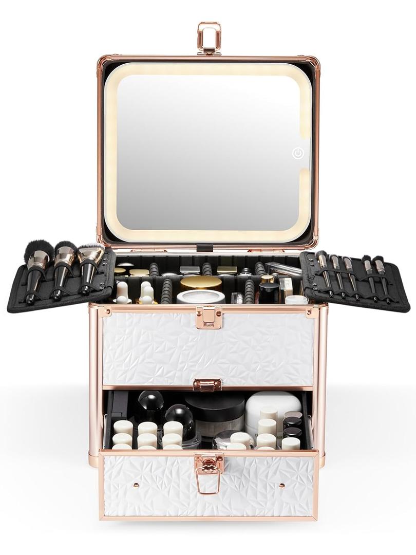 Qislee Makeup Box with Drawer and A Detachable Lighted Mirror, Waterproof Travel Train Case, Cosmetic Organizer and Makeup Suitcase with Adjustable Dividers, Magnetic LED Mirror (Bright White)