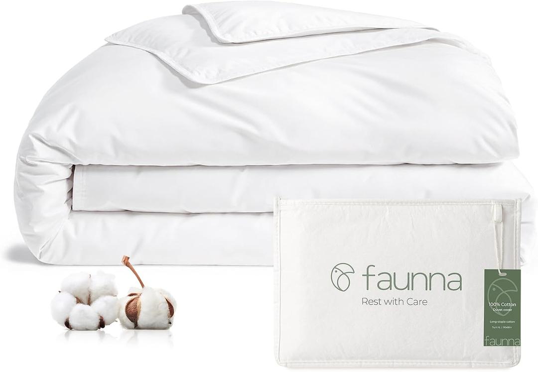 FAUNNA 100% Cotton Duvet Cover, Hypoallergenic Bed Bug Proof White Minimalist Comforter Cover Zipper-Featuring Antimicrobial Product Protection for Enhanced Freshness Duvet Protector (Queen)