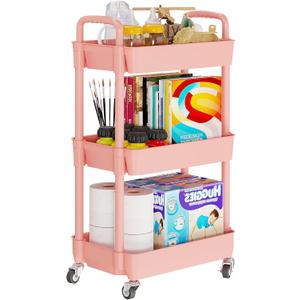 Laiensia 3-Tier Rolling Cart with Wheels, Multifunction Utility Storage Carts, Kitchen Storage Organizer, Mobile Shelving Unit for Bathroom, Laundry, with Classified Stickers, Pink