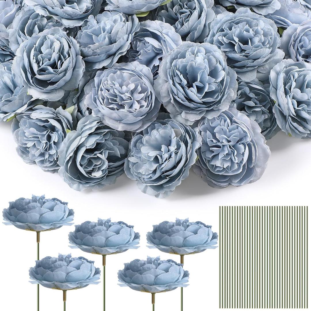 Thiccywoov 100 Pcs Flowers Long Stem Artificial Rose, 3.2 Inches Silk Rose Head Flowers Fake for Wedding Bridal Bouquet Independence Day Home Floral DIY Centerpieces Party Decoration (Dusty Blue)