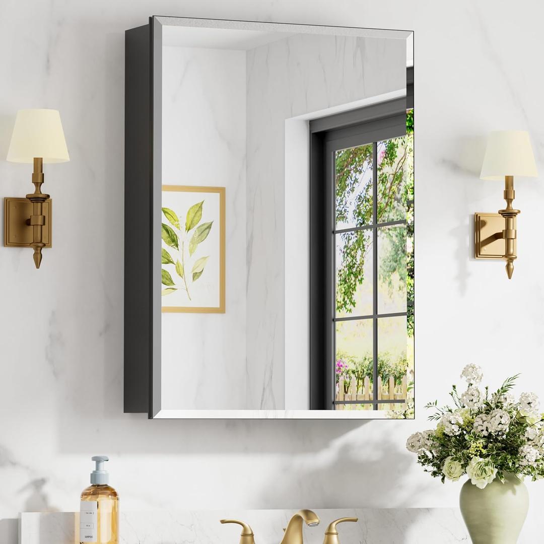 20x28 Inch Medicine Cabinet with Mirror, Aluminum Bathroom Mirror Cabinet, Beveled Edge Mirrored Single Door, Adjustable Shelves, Surface or Recessed Mount Mirrors with Storage, Black