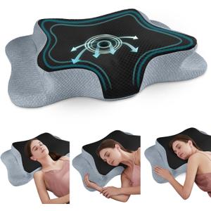 CHxxy Cervical Neck Pillow for Pain Relief Sleeping, Memory Foam Pillows, Ergonomic Side Sleeper Pillows, Cooling Orthopedic Neck Support Pillow for Back Stomach Sleepers-Queen Size Black&Grey