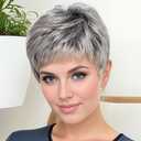 Short Grey Wigs for White Women Natural Straight Silver White Layered Hair for Older Women Pixie Cut Wigs Synthetic Short Ombre Gray Wig with Bangs Daily Party Wig for Mommy (Grey)
