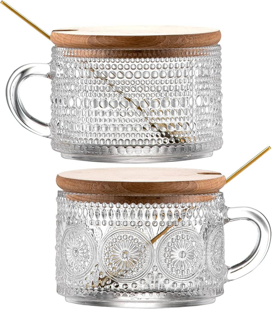 Gezzeny Vintage Glass Coffee Mugs with Wooden Lids 14 Oz Set of 2 Embossed Tea Cups for Cappuccino, Latte, Cereal, Beverage Christmas Thanksgiving Day Gifts
