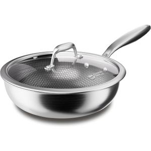 COOKER KING 11-Inch Hybrid Stainless Steel Wok with Lid, Nonstick Stir Fry Pan & Deep Frying Pan, Tri-Ply Clad Honeycomb Everyday Pan, Induction Ready, Oven & Dishwasher Safe, PFOA Free