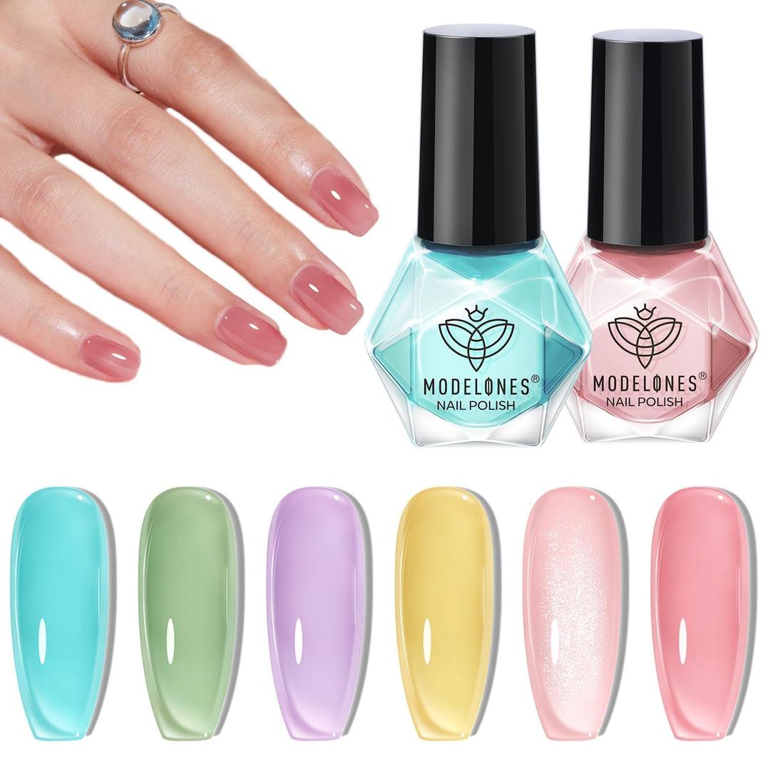 modelones Nail Polish Set, 6 Colors Jelly Nail Polish Kit Sheer Nude Pastel Pink Yellow Lavender Purple Baby Blue Mint Green Glitter Fingernail Polish 2025 Gifts for Women Salon DIY