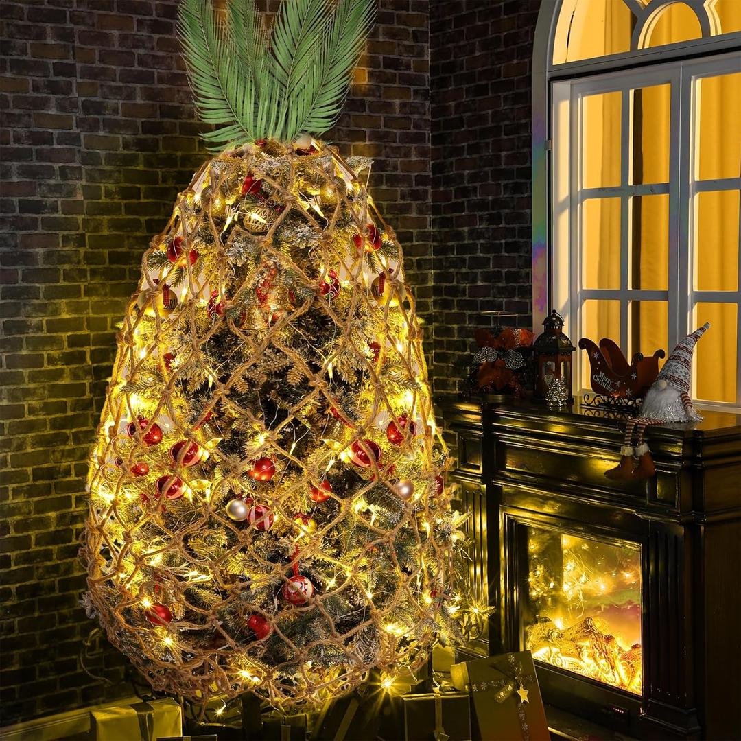 Tropical Pineapple Christmas Trees Include LED Net with Light and Jute Rope Net Set Christmas Rope Netting Mesh Tropical Bush Lights for Indoor Outdoor Party Decor, Warm Color