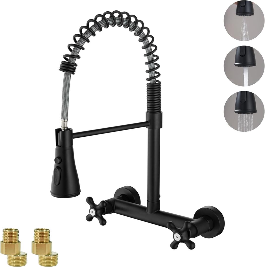 Wall Mount Sink Kitchen Faucets, Matte Black Wall Mounted Faucet 8 Inches Center Kitchen Sink Faucet with 3 Functions Sprayer, Matte Black 